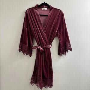 Ella Winston Burgundy Velvet Lace Trim Robe Bridal Bridesmaid Velvet One Size